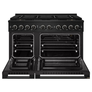 ZLINE 48 in. 6.7 cu. ft. Marino Gas Range with 8 Burner DuoPro™ Cooktop and Dual Ovens in Black Stainless Steel (PMGRB-48) front, oven open.