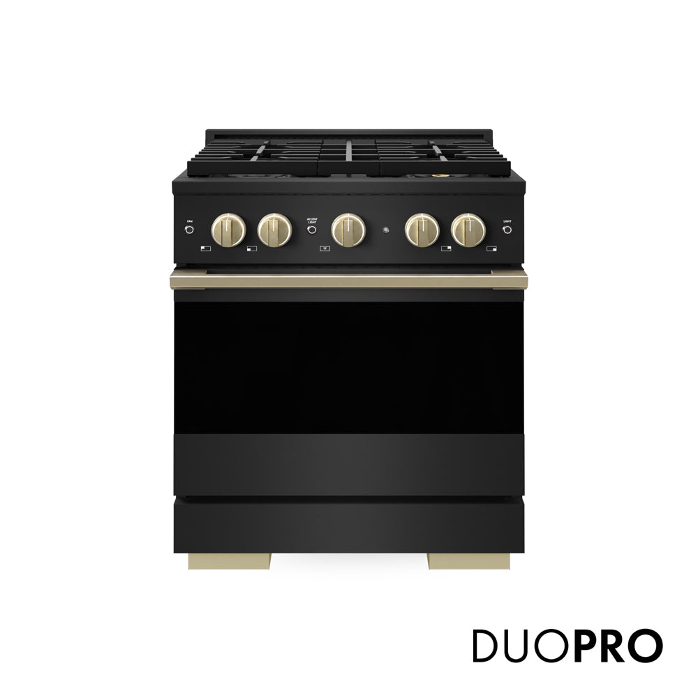 ZLINE Autograph Edition 30 in. 4.2 cu. ft. Marino Gas Range with 4 Burner DuoPro™ Cooktop and Convection Gas Oven in Black Stainless Steel and Champagne Bronze Accents (PMGRBZ-30-CB) main image.