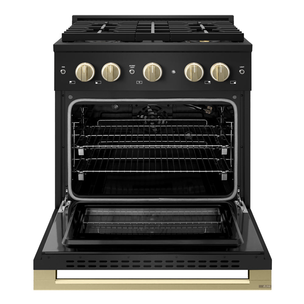 ZLINE Autograph Edition 30 in. 4.2 cu. ft. Marino Gas Range with 4 Burner DuoPro™ Cooktop and Convection Gas Oven in Black Stainless Steel and Champagne Bronze Accents (PMGRBZ-30-CB)