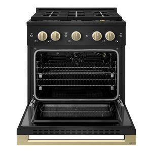 ZLINE Autograph Edition 30 in. 4.2 cu. ft. Marino Gas Range with 4 Burner DuoPro™ Cooktop and Convection Gas Oven in Black Stainless Steel and Champagne Bronze Accents (PMGRBZ-30-CB)