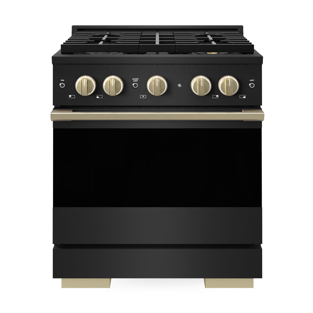 ZLINE Autograph Edition 30 in. 4.2 cu. ft. Marino Gas Range with 4 Burner DuoPro™ Cooktop and Convection Gas Oven in Black Stainless Steel and Champagne Bronze Accents (PMGRBZ-30-CB)