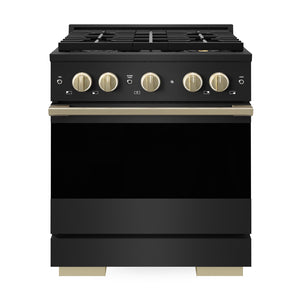 ZLINE Autograph Edition 30 in. 4.2 cu. ft. Marino Gas Range with 4 Burner DuoPro™ Cooktop and Convection Gas Oven in Black Stainless Steel and Champagne Bronze Accents (PMGRBZ-30-CB)
