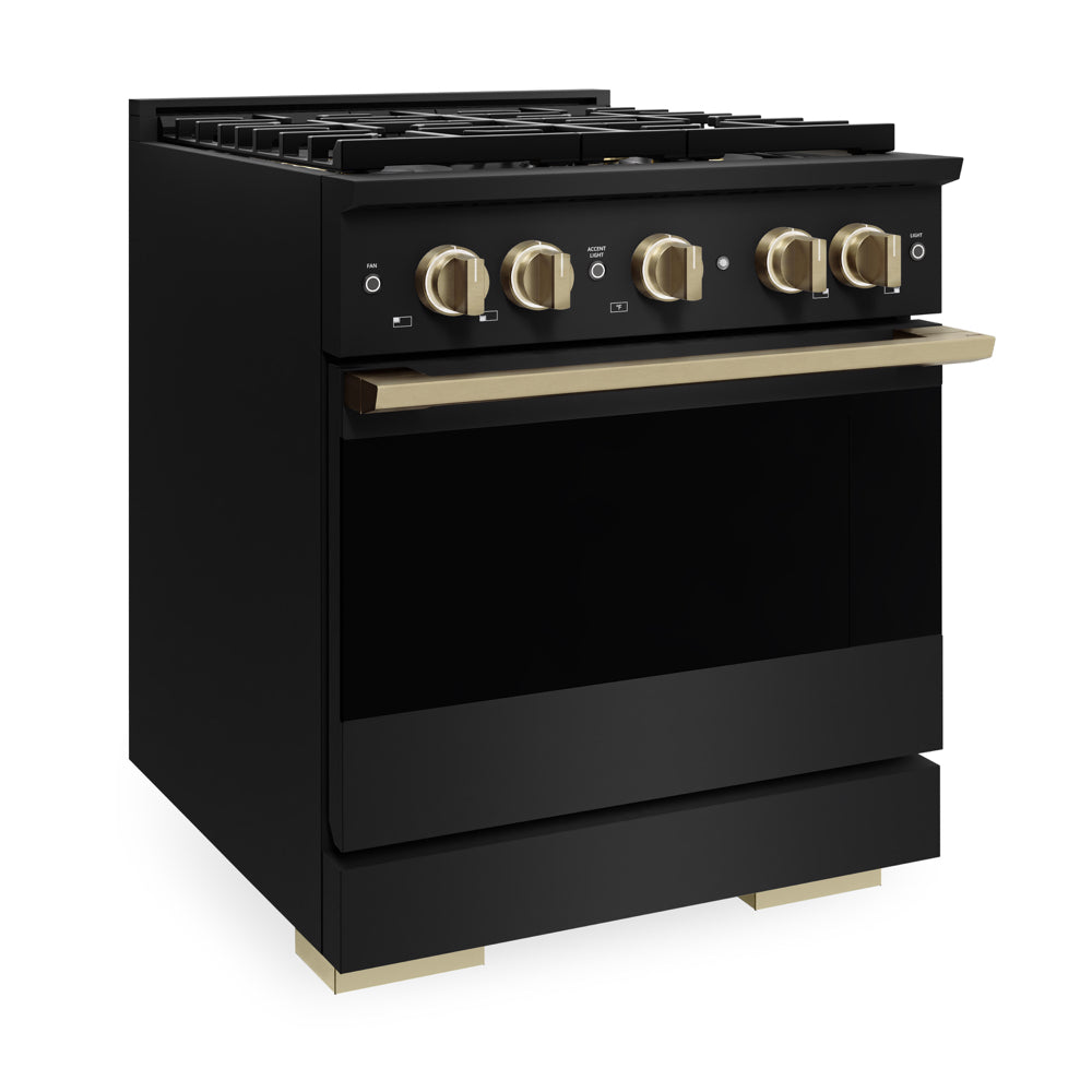 ZLINE Autograph Edition 30 in. 4.2 cu. ft. Marino Gas Range with 4 Burner DuoPro™ Cooktop and Convection Gas Oven in Black Stainless Steel and Champagne Bronze Accents (PMGRBZ-30-CB)