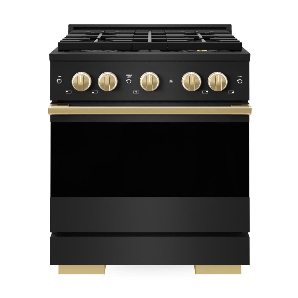 ZLINE Autograph Edition 30 in. 4.2 cu. ft. Marino Gas Range with 4 Burner DuoPro™ Cooktop and Convection Gas Oven in Black Stainless Steel and Polished Gold Accents (PMGRBZ-30-G)