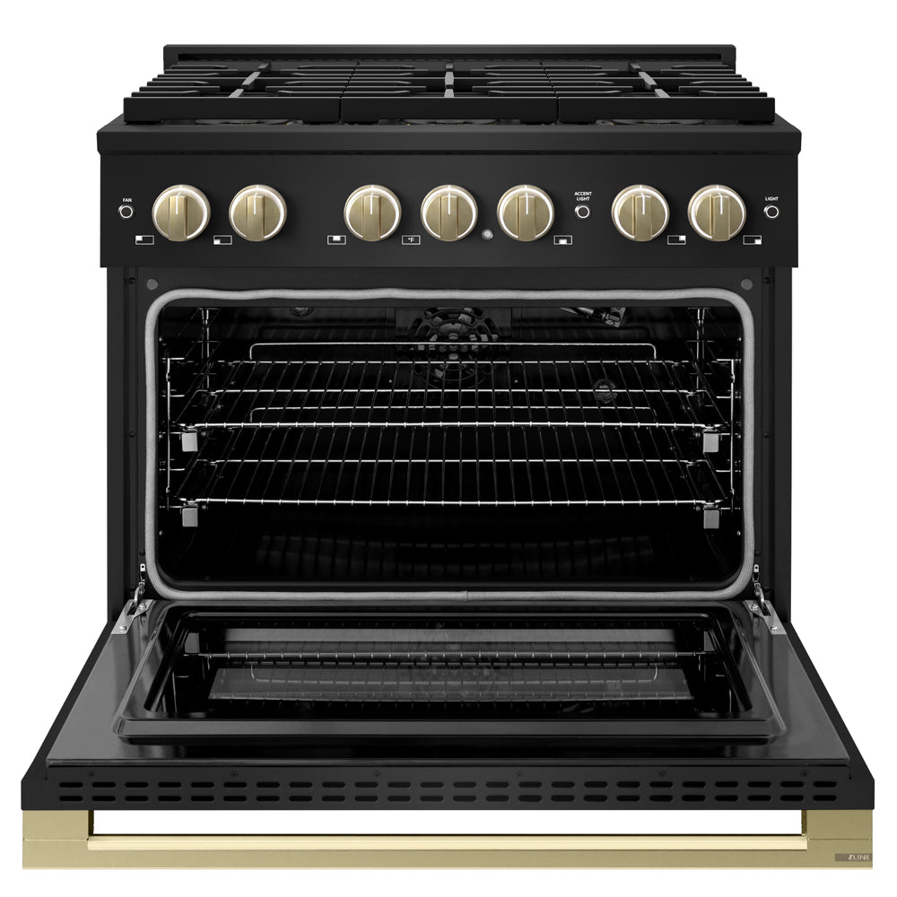 ZLINE Autograph Edition 36 in. 5.2 cu. ft. Marino Gas Range with 6 Burner DuoPro™ Cooktop and Convection Gas Oven in Black Stainless Steel and Champagne Bronze Accents (PMGRBZ-36-CB)