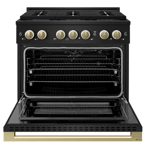 ZLINE Autograph Edition 36 in. 5.2 cu. ft. Marino Gas Range with 6 Burner DuoPro™ Cooktop and Convection Gas Oven in Black Stainless Steel and Champagne Bronze Accents (PMGRBZ-36-CB)
