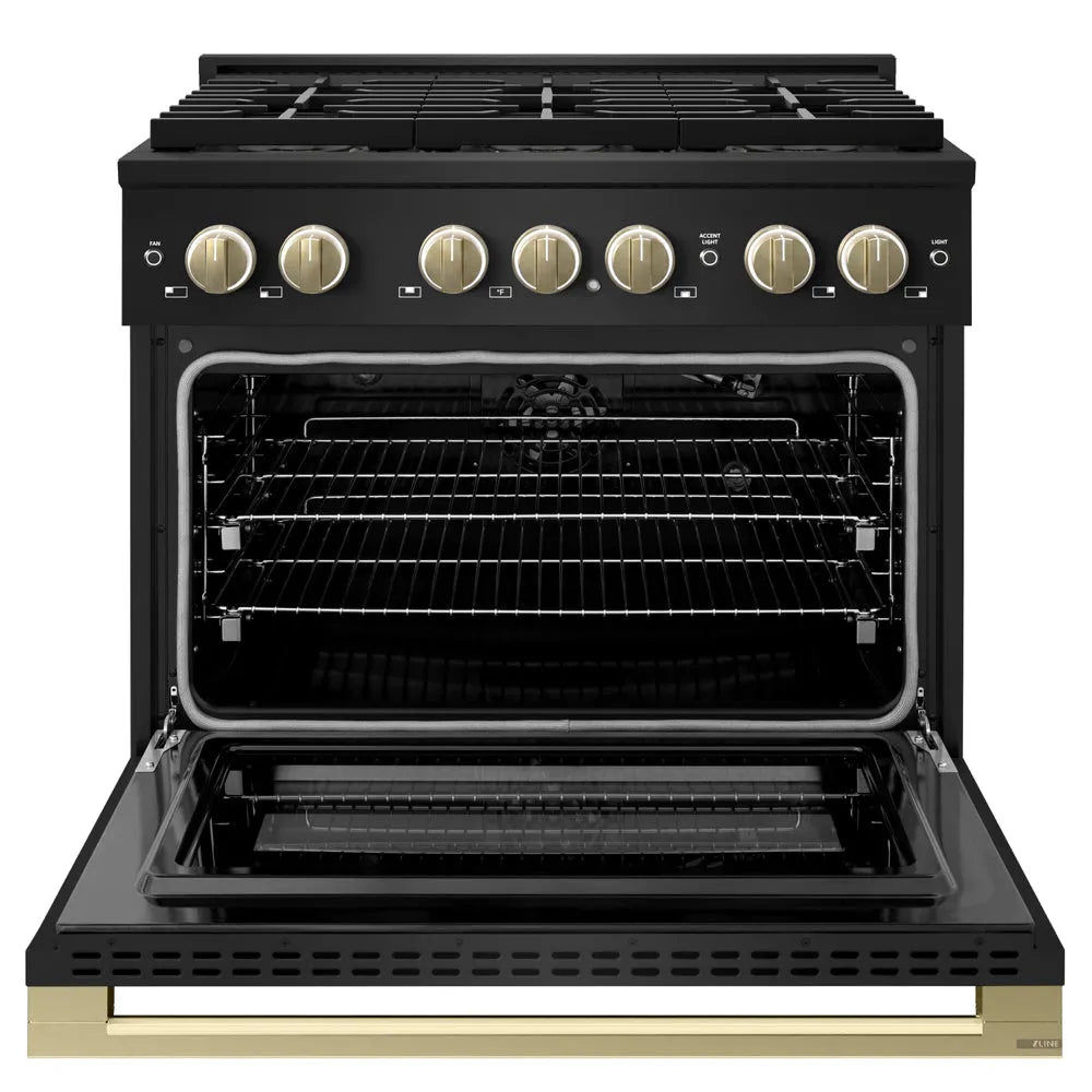 ZLINE Autograph Edition 36 in. 5.2 cu. ft. Marino Gas Range with 6 Burner DuoPro™ Cooktop and Convection Gas Oven in Black Stainless Steel and Champagne Bronze Accents (PMGRBZ-36-CB) front, oven open.