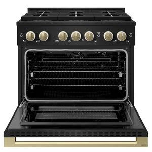 ZLINE Autograph Edition 36 in. 5.2 cu. ft. Marino Gas Range with 6 Burner DuoPro™ Cooktop and Convection Gas Oven in Black Stainless Steel and Champagne Bronze Accents (PMGRBZ-36-CB) front, oven open.