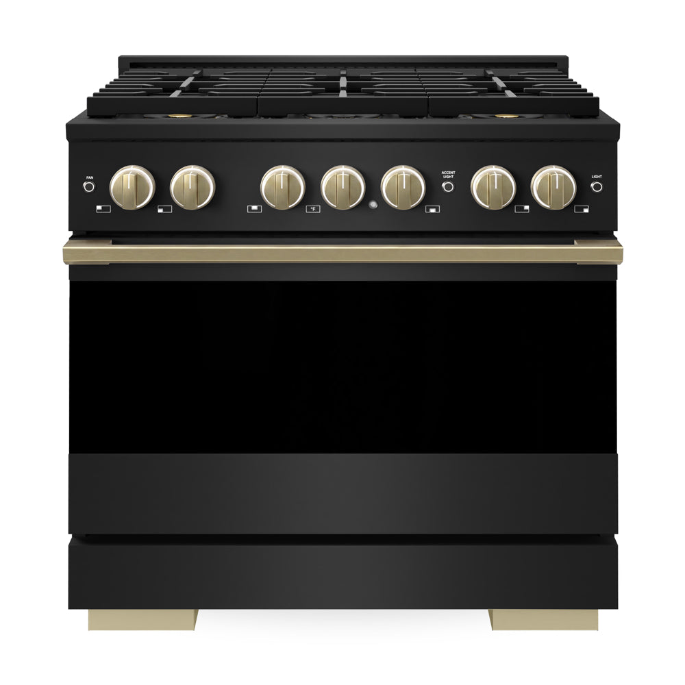 ZLINE Autograph Edition 36 in. 5.2 cu. ft. Marino Gas Range with 6 Burner DuoPro™ Cooktop and Convection Gas Oven in Black Stainless Steel and Champagne Bronze Accents (PMGRBZ-36-CB)