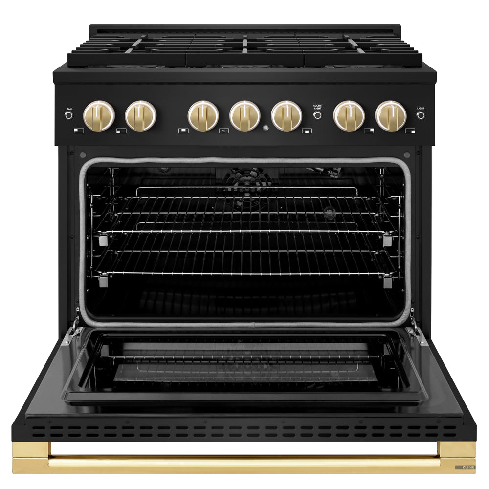 ZLINE Autograph Edition 36 in. 5.2 cu. ft. Marino Gas Range with 6 Burner DuoPro™ Cooktop and Convection Gas Oven in Black Stainless Steel and Polished Gold Accents (PMGRBZ-36-G)