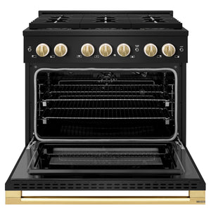 ZLINE Autograph Edition 36 in. 5.2 cu. ft. Marino Gas Range with 6 Burner DuoPro™ Cooktop and Convection Gas Oven in Black Stainless Steel and Polished Gold Accents (PMGRBZ-36-G)