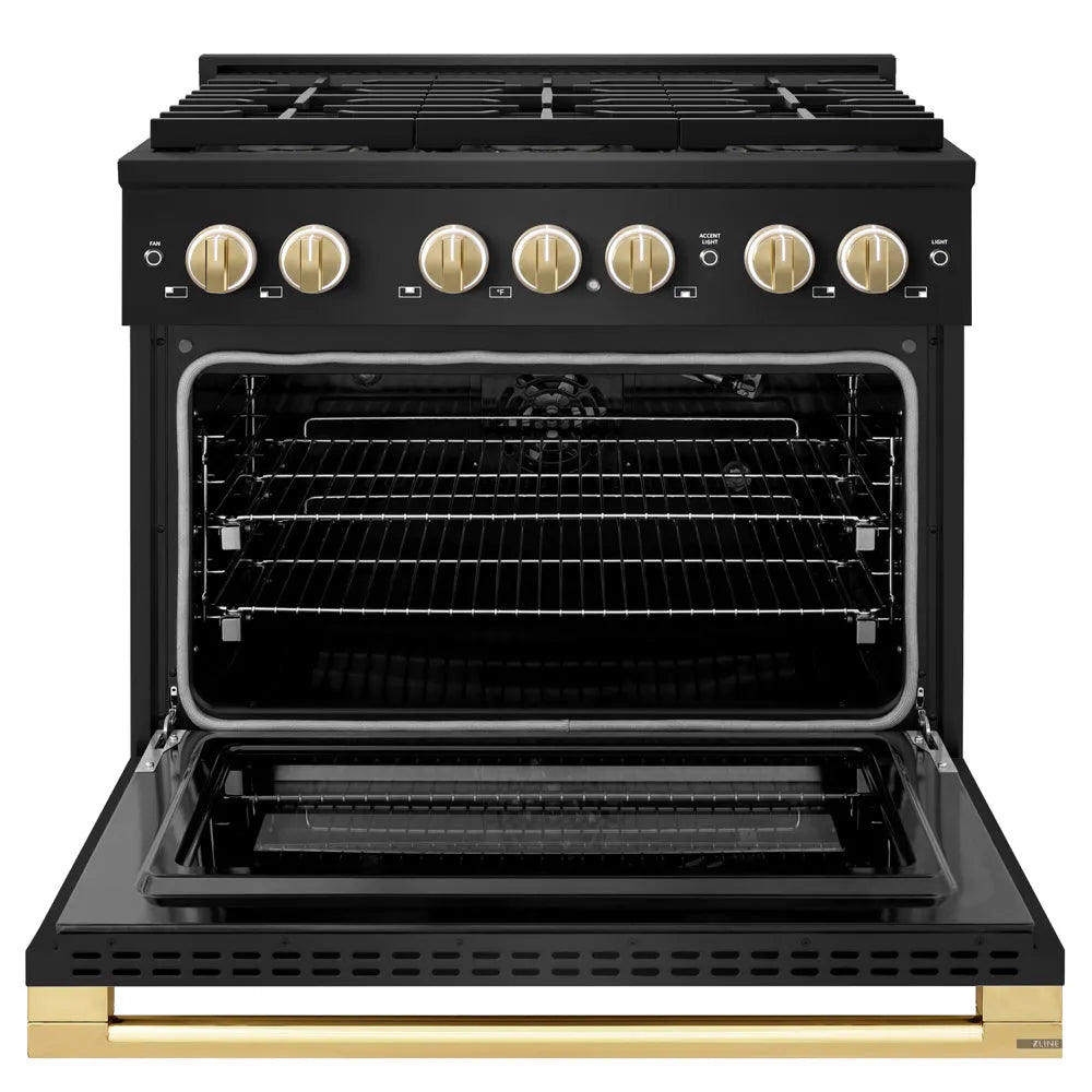 ZLINE Autograph Edition 36 in. 5.2 cu. ft. Marino Gas Range with 6 Burner DuoPro™ Cooktop and Convection Gas Oven in Black Stainless Steel and Polished Gold Accents (PMGRBZ-36-G) front, oven open.
