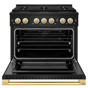 ZLINE Autograph Edition 36 in. 5.2 cu. ft. Marino Gas Range with 6 Burner DuoPro™ Cooktop and Convection Gas Oven in Black Stainless Steel and Polished Gold Accents (PMGRBZ-36-G) front, oven open.
