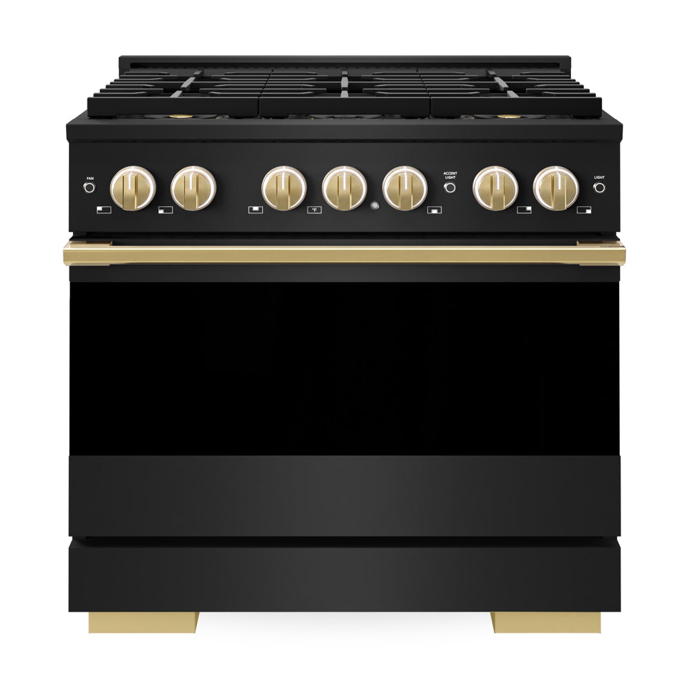 ZLINE Autograph Edition 36 in. 5.2 cu. ft. Marino Gas Range with 6 Burner DuoPro™ Cooktop and Convection Gas Oven in Black Stainless Steel and Polished Gold Accents (PMGRBZ-36-G)