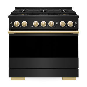 ZLINE Autograph Edition 36 in. 5.2 cu. ft. Marino Gas Range with 6 Burner DuoPro™ Cooktop and Convection Gas Oven in Black Stainless Steel and Polished Gold Accents (PMGRBZ-36-G)