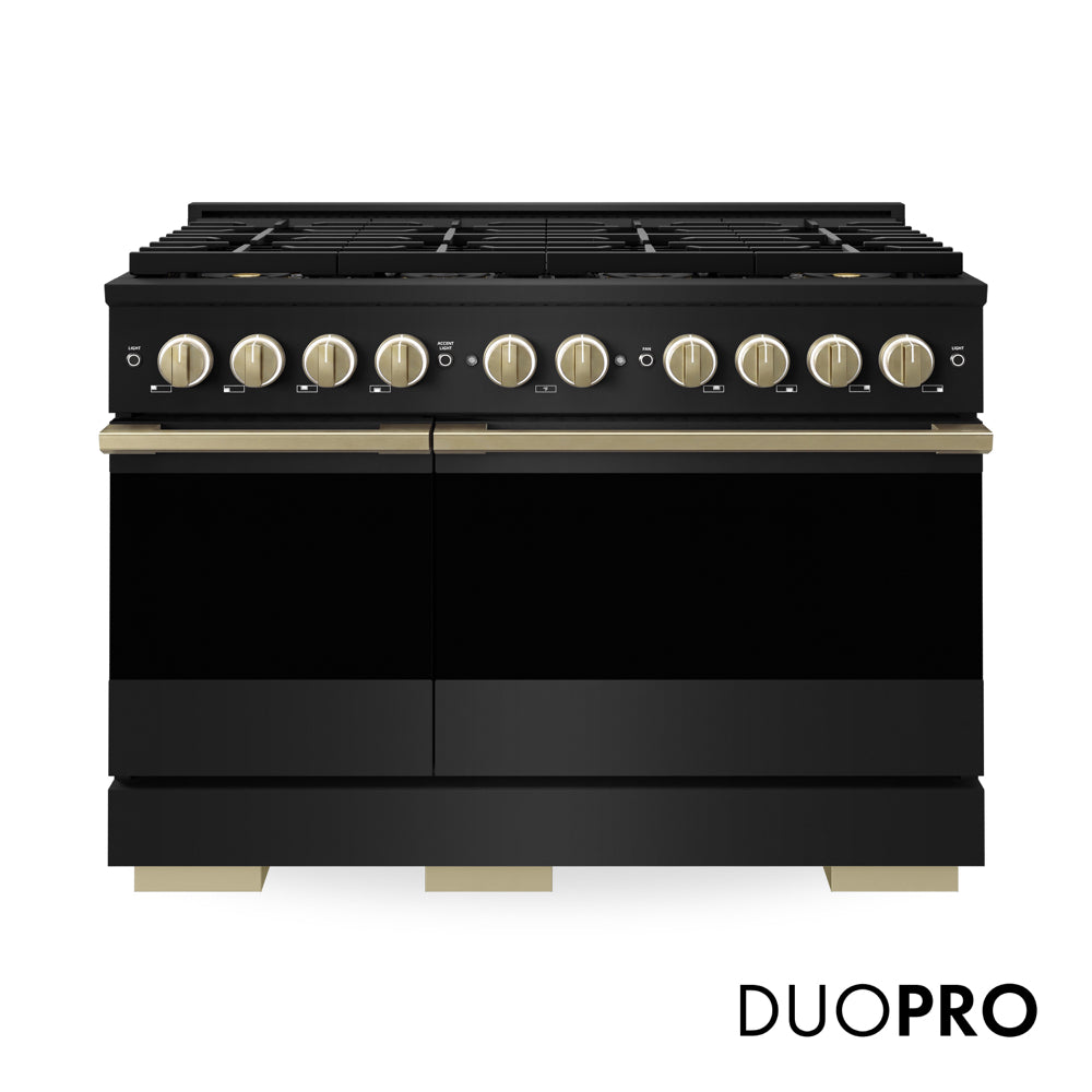 ZLINE Autograph Edition 48 in. 6.7 cu. ft. Marino Gas Range with 8 Burner DuoPro™ Cooktop and Dual Ovens in Black Stainless Steel and Champagne Bronze Accents (PMGRBZ-48-CB) main image.