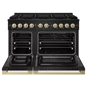 ZLINE Autograph Edition 48 in. 6.7 cu. ft. Marino Gas Range with 8 Burner DuoPro™ Cooktop and Dual Ovens in Black Stainless Steel and Champagne Bronze Accents (PMGRBZ-48-CB)