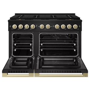ZLINE Autograph Edition 48 in. 6.7 cu. ft. Marino Gas Range with 8 Burner DuoPro™ Cooktop and Dual Ovens in Black Stainless Steel and Champagne Bronze Accents (PMGRBZ-48-CB) front, oven open.