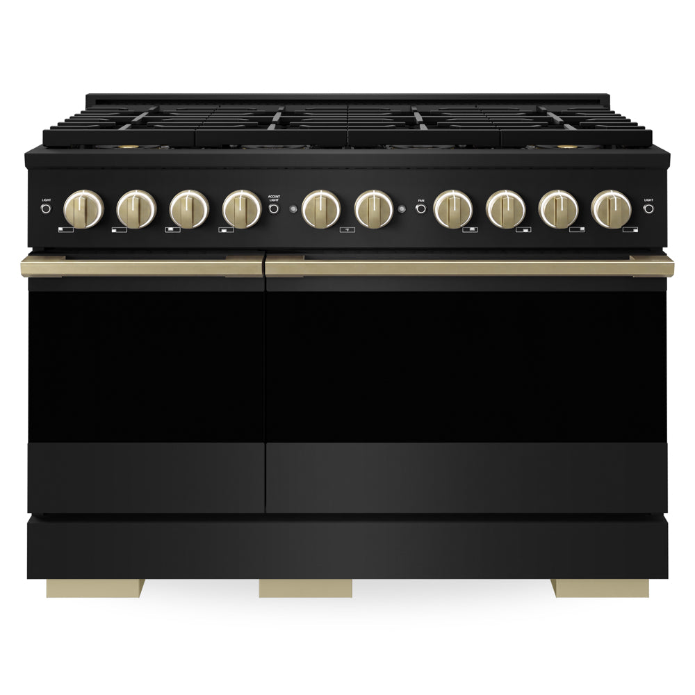 ZLINE Autograph Edition 48 in. 6.7 cu. ft. Marino Gas Range with 8 Burner DuoPro™ Cooktop and Dual Ovens in Black Stainless Steel and Champagne Bronze Accents (PMGRBZ-48-CB)