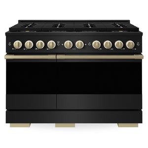 ZLINE Autograph Edition 48 in. 6.7 cu. ft. Marino Gas Range with 8 Burner DuoPro™ Cooktop and Dual Ovens in Black Stainless Steel and Champagne Bronze Accents (PMGRBZ-48-CB)