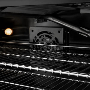 ZLINE Autograph Edition 48 in. 6.7 cu. ft. Marino Gas Range with 8 Burner DuoPro™ Cooktop and Dual Ovens in Black Stainless Steel and Polished Gold Accents (PMGRBZ-48-G) close-up, convection fan and lighting inside oven.