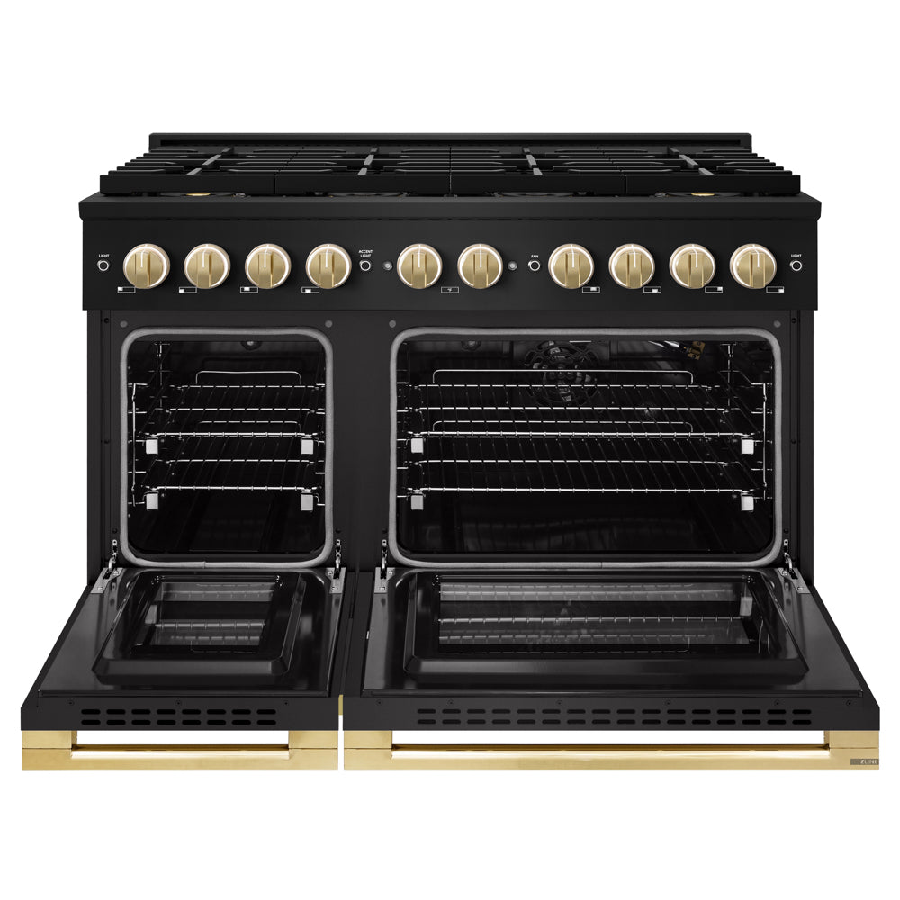 ZLINE Autograph Edition 48 in. 6.7 cu. ft. Marino Gas Range with 8 Burner DuoPro™ Cooktop and Dual Ovens in Black Stainless Steel and Polished Gold Accents (PMGRBZ-48-G)