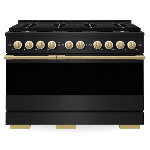 ZLINE Autograph Edition 48 in. 6.7 cu. ft. Marino Gas Range with 8 Burner DuoPro™ Cooktop and Dual Ovens in Black Stainless Steel and Polished Gold Accents (PMGRBZ-48-G)
