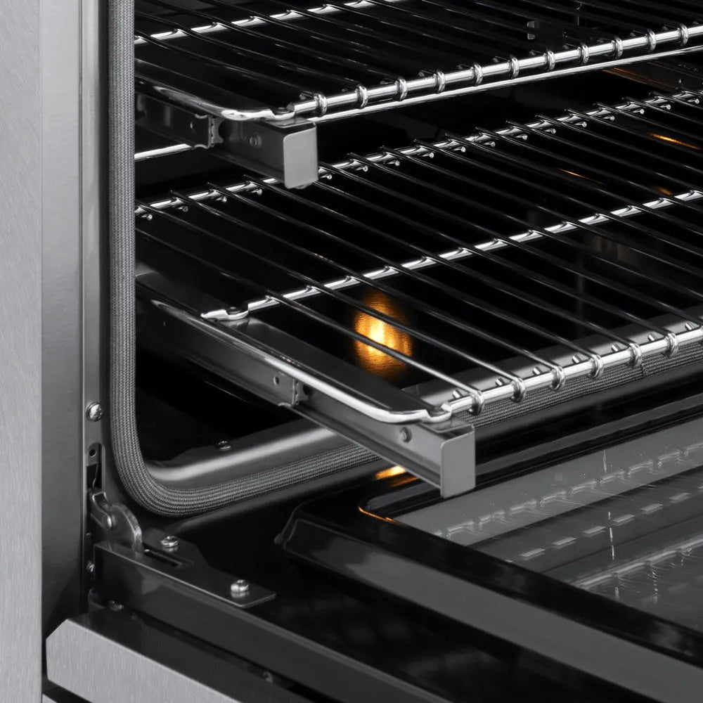 ZLINE 30 in. 4.2 cu. ft. Marino Dual Fuel Range with Gas Cooktop and Electric Convection Oven in Satin Stainless Steel with 4 Brass Burners (MDRS-BR-30) close-up, Smooth Glide oven racks from side.