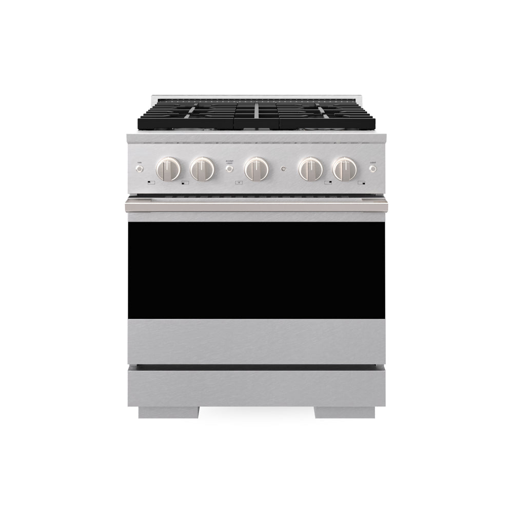ZLINE 30 in. 4.2 cu. ft. Marino Dual Fuel Range with Gas Cooktop and Electric Convection Oven in Satin Stainless Steel with 4 Brass Burners (MDRS-BR-30) main image.