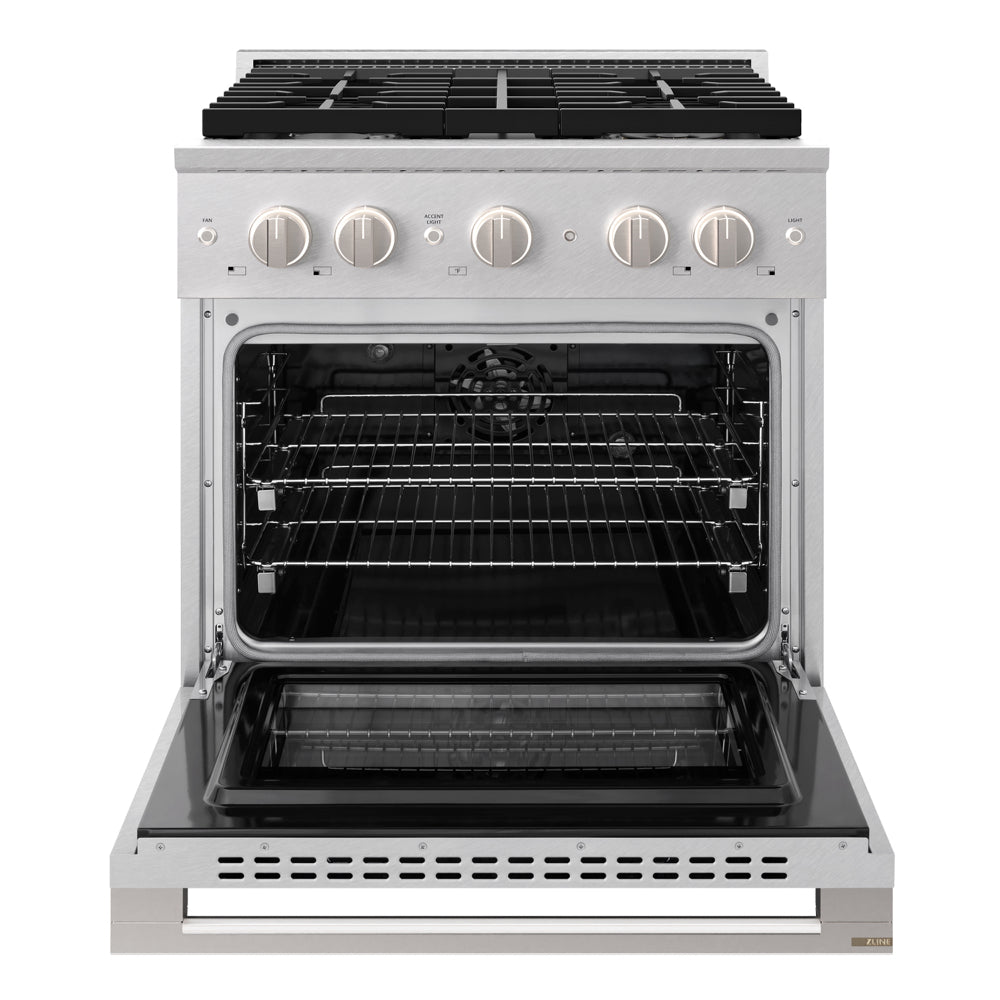 ZLINE 30 in. 4.2 cu. ft. Marino Dual Fuel Range with Gas Cooktop and Electric Convection Oven in Satin Stainless Steel with 4 Brass Burners (MDRS-BR-30) front, oven open.