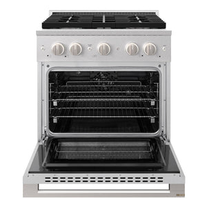 ZLINE 30 in. 4.2 cu. ft. Marino Dual Fuel Range with Gas Cooktop and Electric Convection Oven in Satin Stainless Steel with 4 Brass Burners (MDRS-BR-30) front, oven open.