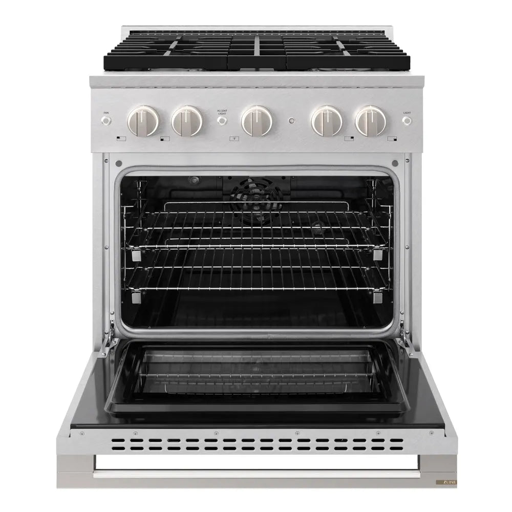 ZLINE 30 in. 4.2 cu. ft. Marino Dual Fuel Range with Gas Cooktop and Electric Convection Oven in Satin Stainless Steel with 4 Brass Burners (MDRS-BR-30) front, oven open.