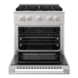 ZLINE 30 in. 4.2 cu. ft. Marino Dual Fuel Range with Gas Cooktop and Electric Convection Oven in Satin Stainless Steel with 4 Brass Burners (MDRS-BR-30) front, oven open.