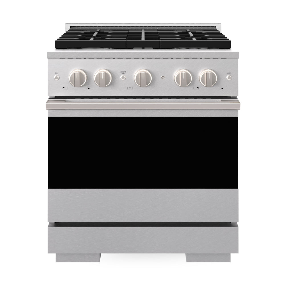ZLINE 30 in. 4.2 cu. ft. Marino Dual Fuel Range with Gas Cooktop and Electric Convection Oven in Satin Stainless Steel with 4 Brass Burners (MDRS-BR-30) front, oven closed.