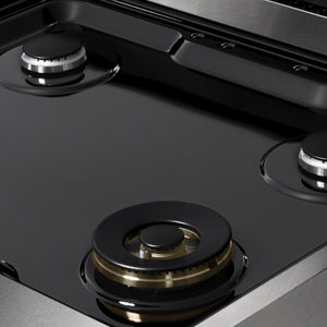 ZLINE 30 in. 4.2 cu. ft. Marino Dual Fuel Range with 4 Burner Gas Cooktop and Electric Convection Oven in Satin Stainless Steel (MDRS-30) close-up, black porcelain cooktop without grates.