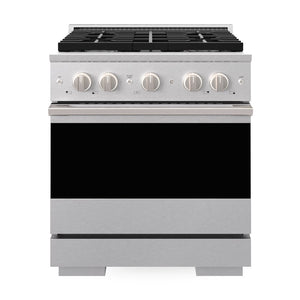 ZLINE 30 in. 4.2 cu. ft. Marino Dual Fuel Range with 4 Burner Gas Cooktop and Electric Convection Oven in Satin Stainless Steel (MDRS-30) front, oven closed.