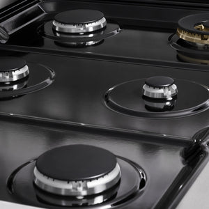 ZLINE 36 in. 5.2 cu. ft. Marino Dual Fuel Range with 6 Burner Gas Cooktop and Electric Convection Oven in Satin Stainless Steel (MDRS-36) close-up, black porcelain cooktop without grates.