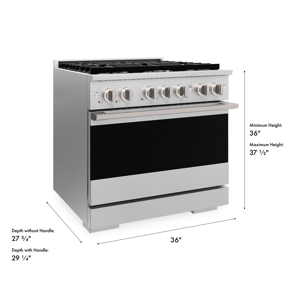 ZLINE 36 in. 5.2 cu. ft. Marino Dual Fuel Range with 6 Burner Gas Cooktop and Electric Convection Oven in Satin Stainless Steel (MDRS-36) with dimensions labeled.