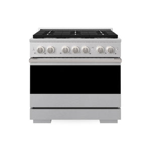 ZLINE 36 in. 5.2 cu. ft. Marino Dual Fuel Range with 6 Burner Gas Cooktop and Electric Convection Oven in Satin Stainless Steel (MDRS-36) main image.