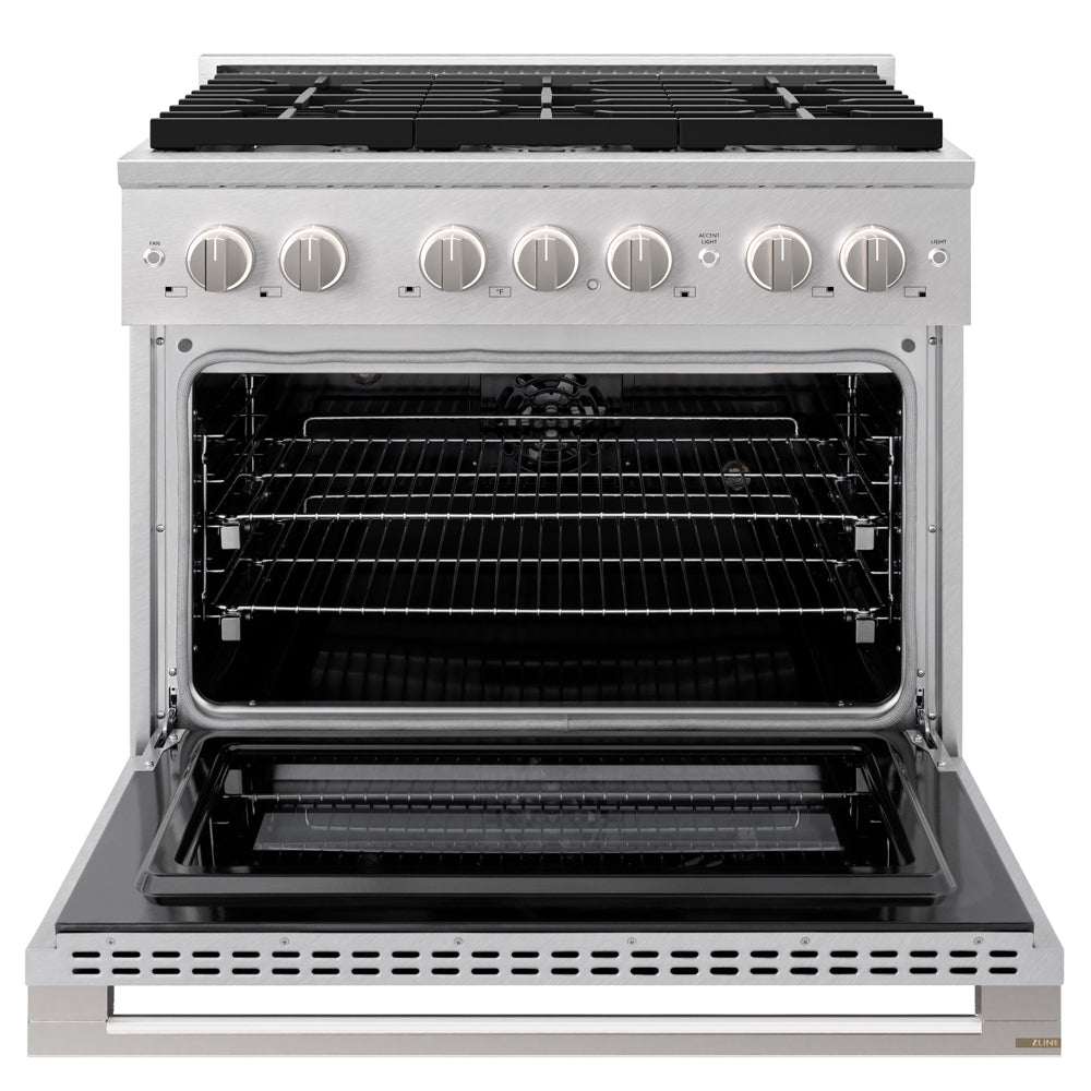 ZLINE 36 in. 5.2 cu. ft. Marino Dual Fuel Range with 6 Burner Gas Cooktop and Electric Convection Oven in Satin Stainless Steel (MDRS-36) front, oven open.