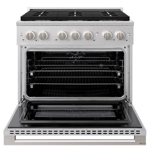 ZLINE 36 in. 5.2 cu. ft. Marino Dual Fuel Range with 6 Burner Gas Cooktop and Electric Convection Oven in Satin Stainless Steel (MDRS-36) front, oven open.