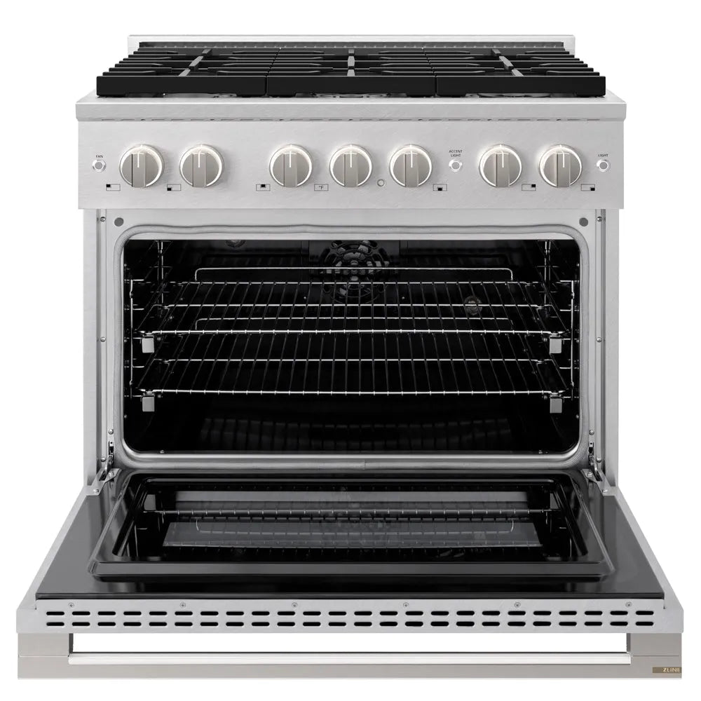 ZLINE 36 in. 5.2 cu. ft. Marino Dual Fuel Range with 6 Burner Gas Cooktop and Electric Convection Oven in Satin Stainless Steel (MDRS-36) front, oven open.