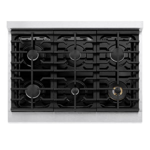 ZLINE 36 in. 5.2 cu. ft. Marino Dual Fuel Range with 6 Burner Gas Cooktop and Electric Convection Oven in Satin Stainless Steel (MDRS-36) top-down, above cooking surface.