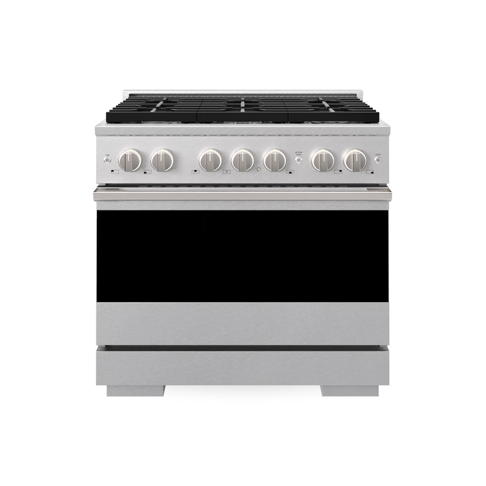 ZLINE 36 in. 5.2 cu. ft. Marino Dual Fuel Range with Gas Cooktop and Electric Convection Oven in Satin Stainless Steel with 6 Brass Burners (MDRS-BR-36) main image.