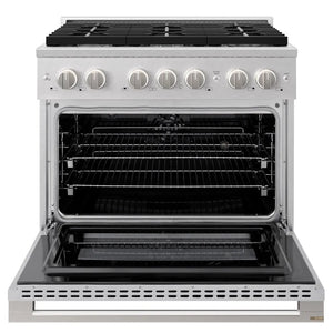 ZLINE 36 in. 5.2 cu. ft. Marino Dual Fuel Range with Gas Cooktop and Electric Convection Oven in Satin Stainless Steel with 6 Brass Burners (MDRS-BR-36) front, oven open.