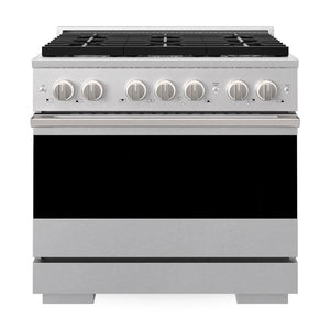 ZLINE 36 in. 5.2 cu. ft. Marino Dual Fuel Range with Gas Cooktop and Electric Convection Oven in Satin Stainless Steel with 6 Brass Burners (MDRS-BR-36) front, oven closed.