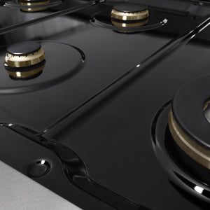 ZLINE 48 in. 6.7 cu. ft. Marino Double Oven Dual Fuel Range in Satin Stainless Steel with 8 Brass Burners (MDRS-BR-48) close-up, black porcelain cooktop without grates.