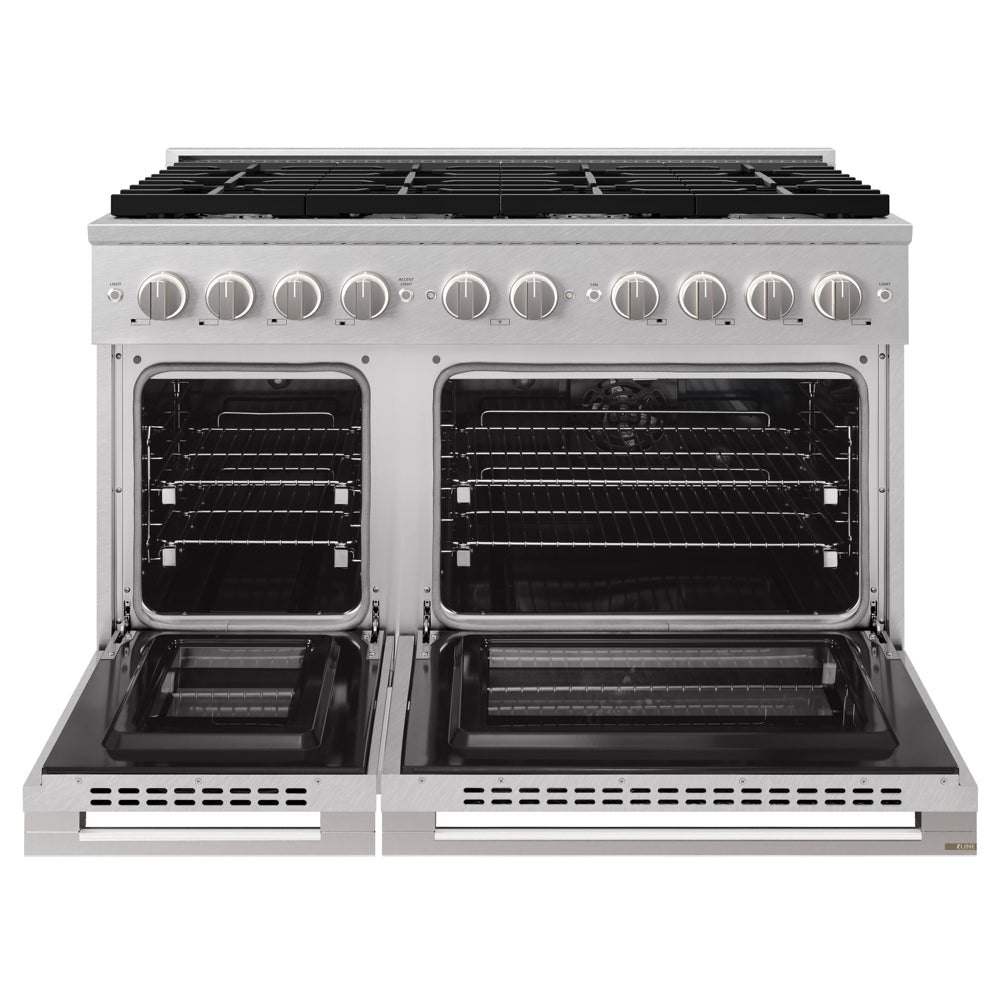 ZLINE 48 in. 6.7 cu. ft. Marino Double Oven Dual Fuel Range in Satin Stainless Steel with 8 Brass Burners (MDRS-BR-48) front, oven open.