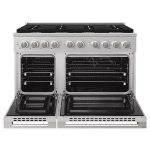 ZLINE 48 in. 6.7 cu. ft. Marino Double Oven Dual Fuel Range in Satin Stainless Steel with 8 Brass Burners (MDRS-BR-48) front, oven open.