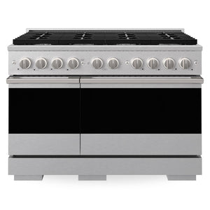 ZLINE 48 in. 6.7 cu. ft. Marino Double Oven Dual Fuel Range in Satin Stainless Steel with 8 Brass Burners (MDRS-BR-48) front, oven closed.